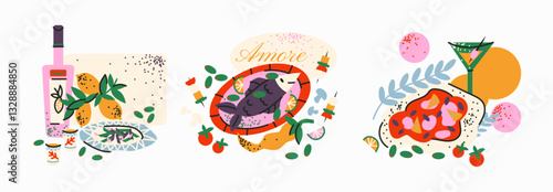 Italian food stickers. Set of traditional dishes: pasta, pizza, cheese, ravioli, wine, olives. Cartoon stickers Italian delicacies. Vector set of elements