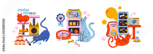 Set pets compositions with cats, dogs, birds, and aquatic animals. Hand-drawn cartoon stickers: food, cages, toys, and abstract paw print elements. Vibrant set for veterinary shops and pet lovers