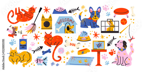 Pet supplies set. Cartoon collection of accessories for cats, dogs. Food bowls, toys, collars, leashes, beds, and cages. Fun vibrant retro doodle style stickers for pet lovers and veterinary shops.