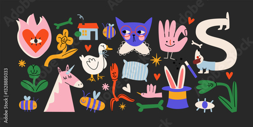Wallpaper Mural Retro hippie stickers 90s. Cartoon characters, bright psychedelic elements, funky shapes, retro music, vinyl, vintage. Trendy labels, patches, stamps Torontodigital.ca