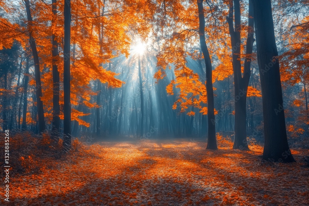Fototapeta premium Autumn sunlight filters through vibrant orange trees in a serene forest setting during early morning hours