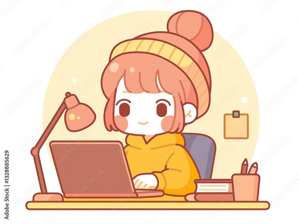 Cute Girl Working on Laptop Desk Study Home Office Cute Girl Working on Laptop Desk Study Home Office