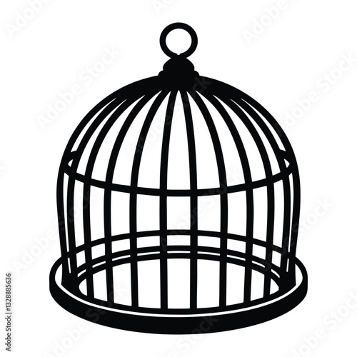 Golden 3D birdcage with a trapped bird and an open door