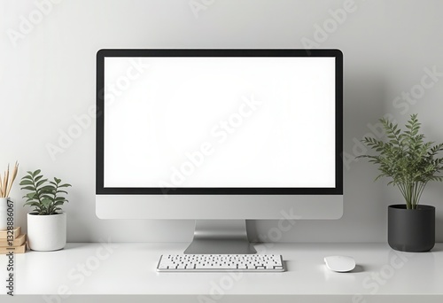 iMac computer mockup with blank white screen on desk