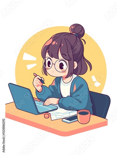 Young Woman Working on Laptop   Digital Art  Illustration