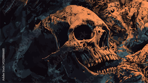 Close-up view of a detailed rendering of a human skull. The skull is predominantly orange and brown, exhibiting signs of age and decay.  It is nestled amongst other indistinct decaying organic