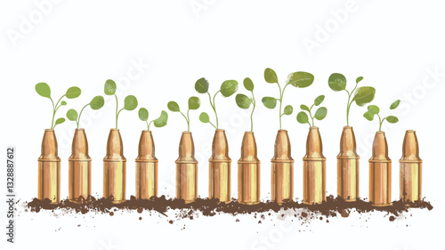 The image depicts a row of spent bullet casings embedded in dark brown soil.  From each casing emerges a small green seedling at various stages of growth, with small leaves visible. The background