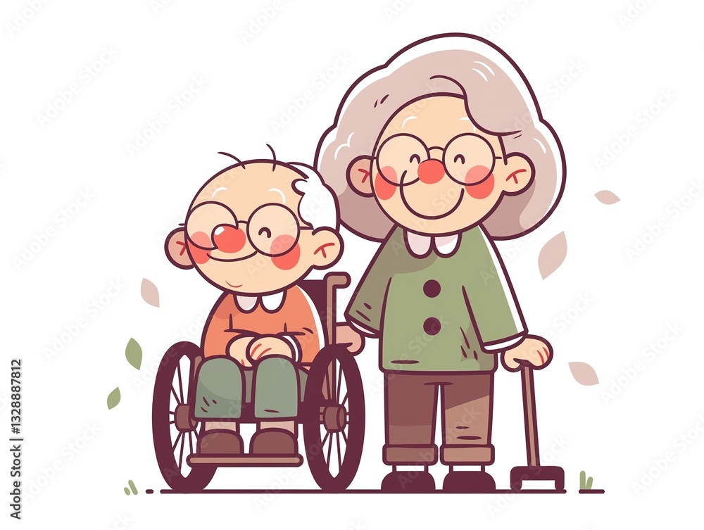 Happy Senior Couple Elderly Man in Wheelchair Woman with Cane Autumn Leaves Happy Senior Couple Elderly Man in Wheelchair Woman with Cane Autumn Leaves