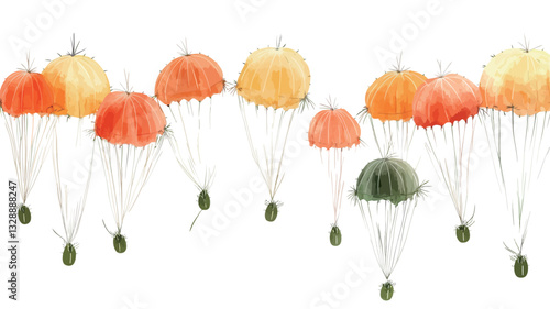 A watercolor illustration depicting multiple small parachutes descending against a white background. The parachutes are rendered in shades of orange, yellow, and a muted green.  The style is