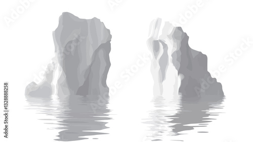 The image is a grayscale, minimalist depiction of two abstract iceberg formations in calm water.  The icebergs are rendered with soft, smooth edges and subtle textural variations in shades of gray