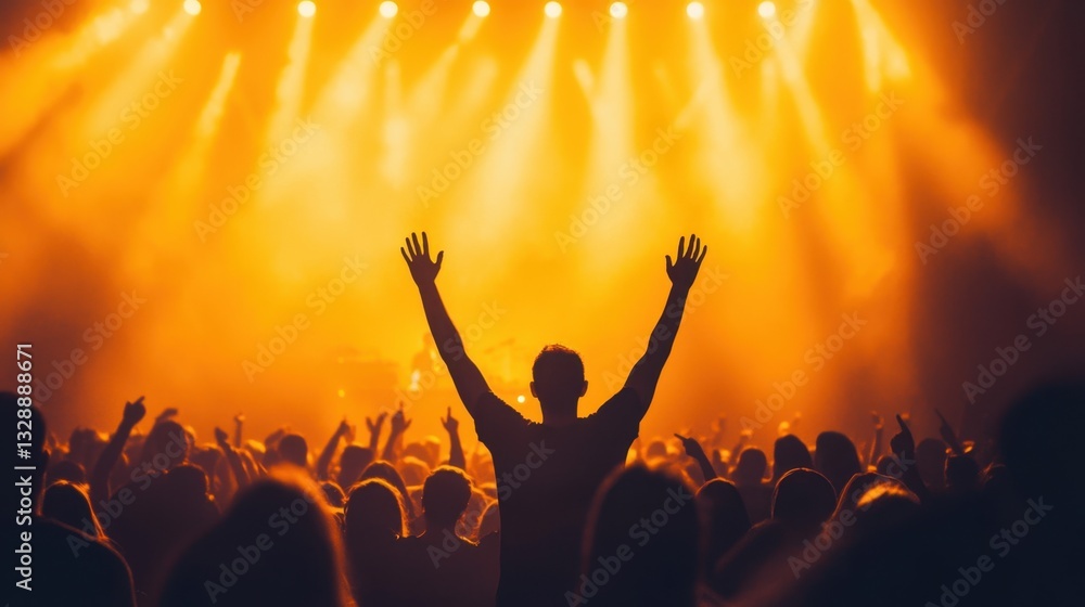 Enthusiastic Crowd Embracing Live Music with Hands Raised Under Bright Stage Lights at a Concert Event Enthusiastic Crowd Embracing Live Music with Hands Raised Under Bright Stage Lights at a Concert Event