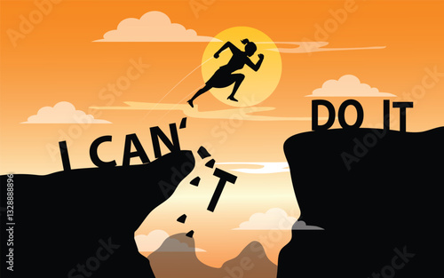 Silhouette working woman jumping over cliffs for I can do it , good mindset by never give up concept.