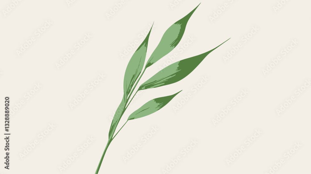 Obraz premium Close-up image of a single green leaf sprig against a light gray background. The sprig features several elongated, lanceolate leaves branching from a central stem. The leaves exhibit subtle