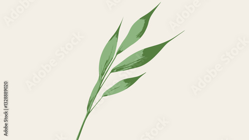 Close-up image of a single green leaf sprig against a light gray background. The sprig features several elongated, lanceolate leaves branching from a central stem. The leaves exhibit subtle