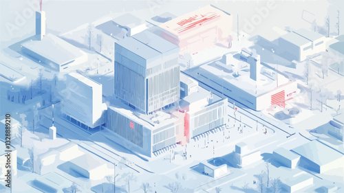 The image is an isometric illustration of an abstract cityscape.  The scene is rendered in predominantly cool tones of blue and white. Buildings are depicted in simplified, geometric forms,