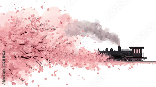 A digital illustration depicting a black silhouette of a steam train moving to the right against a white background.  The train is emitting dark gray smoke. A significant portion of the image shows