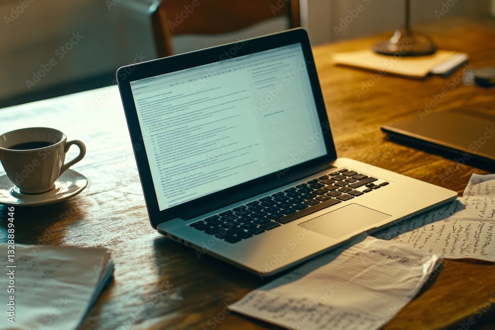 Laptop light illuminates a cluttered workspace filled with coffee stains and a crumpled to-do list Laptop light illuminates a cluttered workspace filled with coffee stains and a crumpled to-do list
