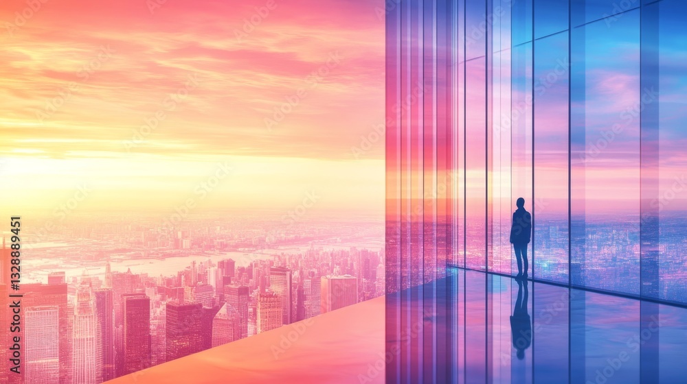 Fototapeta premium A person stands by a large window, contemplating life while gazing at the vibrant cityscape below