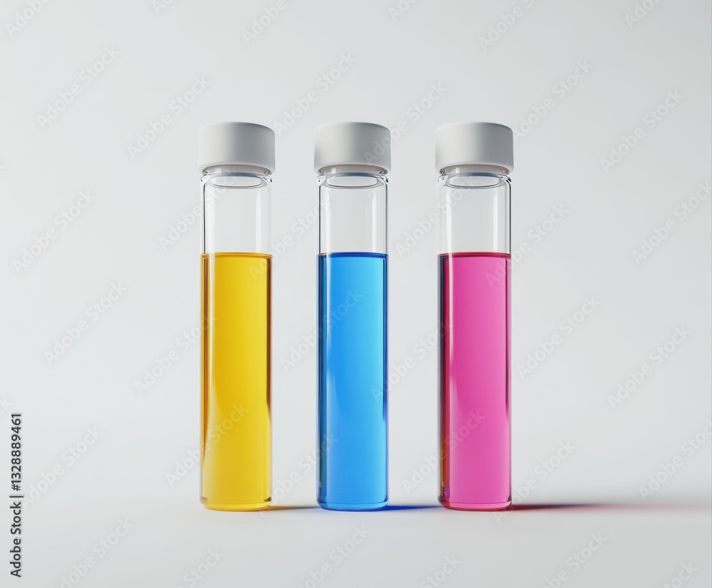 Three test tubes filled with vibrant colored liquids: yellow, blue, and pink, arranged neatly against a simple background. Three test tubes filled with vibrant colored liquids: yellow, blue, and pink, arranged neatly against a simple background.