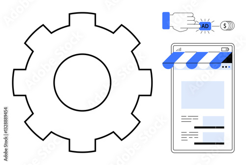 Gear alongside a click-to-pay ad concept and online store window. Ideal for marketing, advertising, technology, automation, e-commerce, digital strategy, payment. Flat simple metaphor