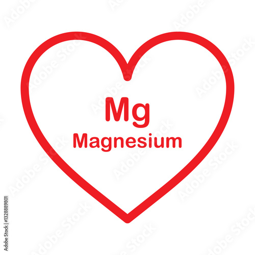 Magnesium Mg symbol inside of a Red heart isolated on white background, vector illustration icon flat outline design. Healt care concept sign. Magnesium supplement b6 vitamin food Mg potassium. EPS 10