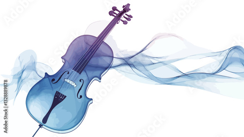 The image shows a cello rendered in shades of blue and purple, appearing translucent.  It is positioned centrally against a white background.  Stylized blue smoke or wave-like forms emanate from