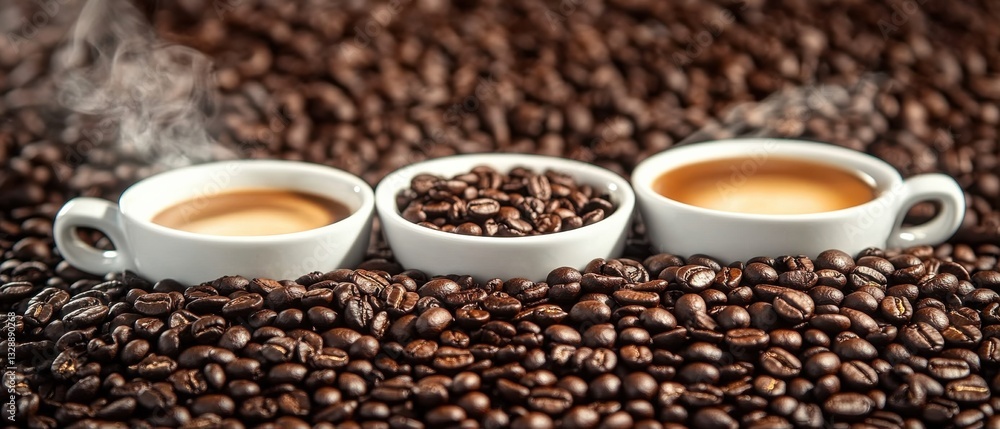 A visually appealing arrangement of coffee cups and beans, showcasing rich textures and warmth, perfect for coffee lovers and beverage designs. A visually appealing arrangement of coffee cups and beans, showcasing rich textures and warmth, perfect for coffee lovers and beverage designs.
