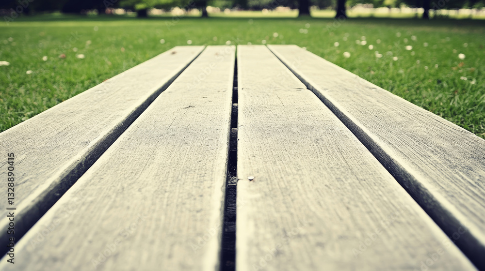 Obraz premium Wooden planks on grass in park, creating serene outdoor atmosphere