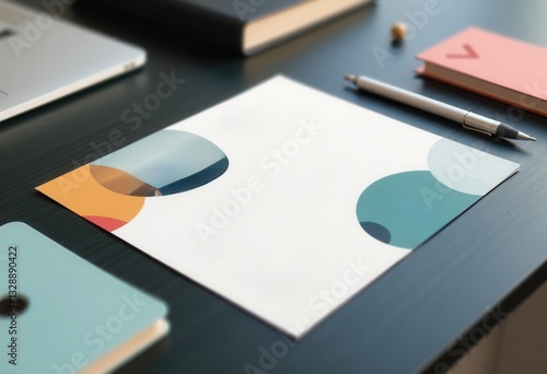 Mockup of a white paper with abstract circular design on a desk