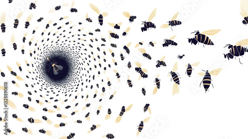 The image is an abstract representation of numerous bees arranged in a spiral pattern against a white background.  The bees are depicted in shades of black and yellow, with varying levels of