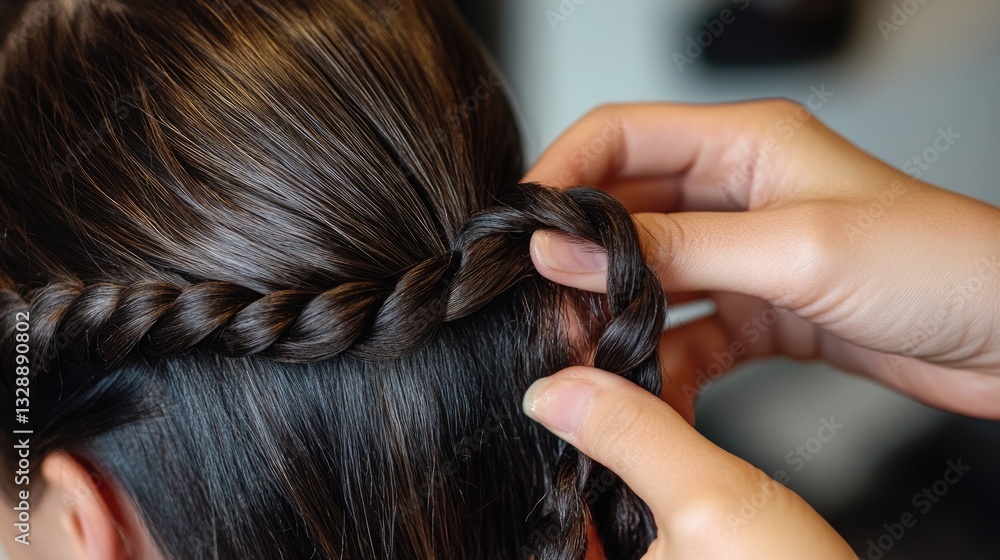 Fototapeta premium A woman sitting in front of a mirror, braiding her hair