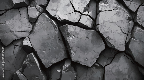 The image presents a close-up, monochrome view of a cracked stone surface. The texture is highly detailed, showcasing irregular shapes and deep crevices in various shades of grey. The overall