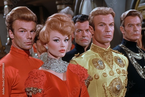 Futuristic gathering of elegantly dressed characters in a sci-fi setting with bright colors and dramatic hairstyles during an intergalactic event