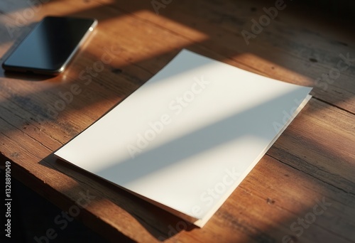 A4 paper mockup on wooden table with smartphone and sunlight