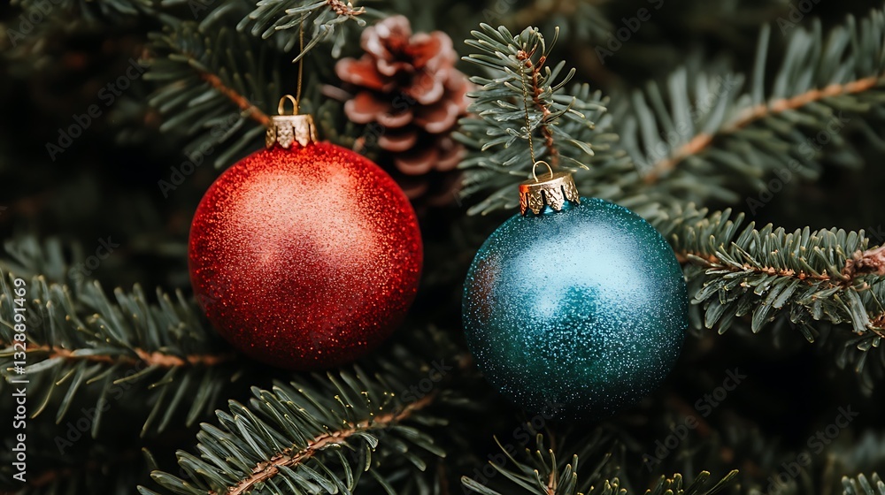 Obraz premium Red and teal Christmas ornaments hanging on a pine tree branch.