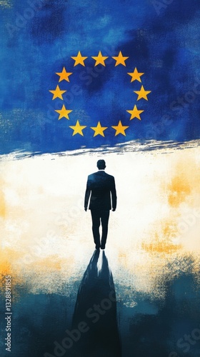 A silhouette of a man walking towards a large European Union flag, symbolizing unity and the journey of integration.