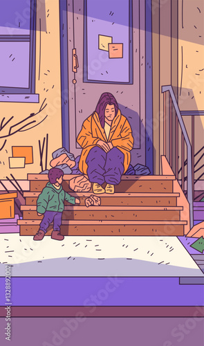 Homelessness compassion woman child sitting steps urban scene warm tones empathy street setting