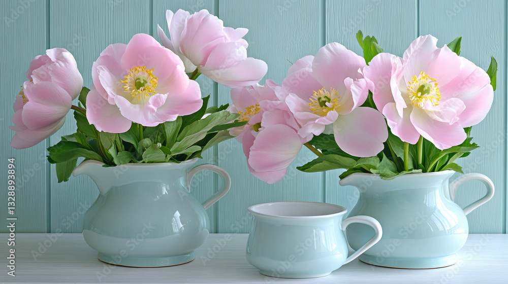 Fresh pink peonies in pastel vases create serene floral display Fresh pink peonies in pastel vases create serene floral display