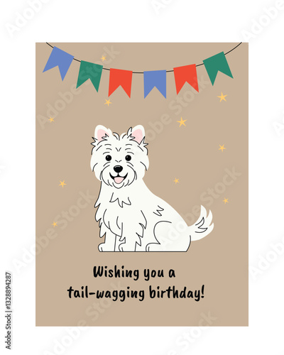 Cute West Highland White Terrier sitting under colorful bunting flags on a festive birthday card. The text reads, Wishing you a tail-wagging birthday Perfect for dog lovers and pet-themed celebrations