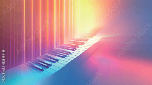 A digital illustration depicting a set of piano keys illuminated by vibrant neon lights in shades of pink, orange, yellow, and blue. The neon lights appear as vertical lines emanating from the