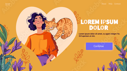 Woman with cat heart-shaped background harmony. A relaxed woman with closed eyes and a sleeping cat in a heart shape surrounded by plants on a warm background. Website design template