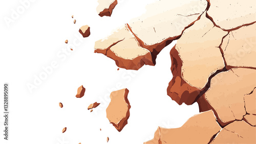 Close-up illustration of cracked earth.  The image features a predominantly beige and brown color palette, depicting a highly textured surface with numerous large and small cracks. The cracks are