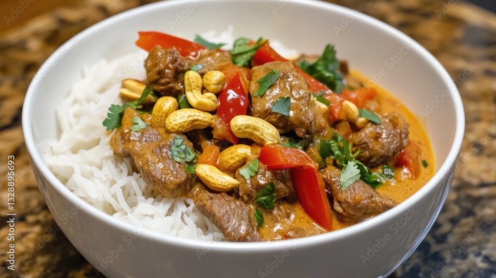 Savory Beef Curry with Cashews and Fresh Vegetables Served over Steamed White Rice in a Round Bowl Savory Beef Curry with Cashews and Fresh Vegetables Served over Steamed White Rice in a Round Bowl