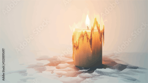 Close-up shot of a partially melted cylindrical candle with three visible flames. The candle is off-white or beige, and the melted wax has dripped down the sides, creating textural irregularities.