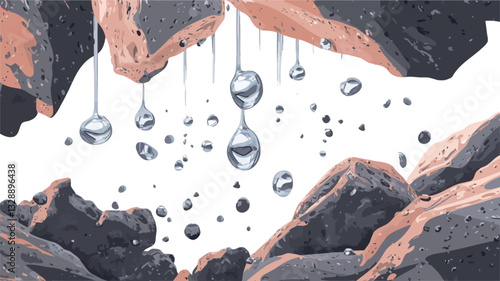 The image is a digital illustration depicting numerous water droplets of varying sizes falling from irregular, rocky formations. The rocks are primarily shades of grey and beige, with a textured