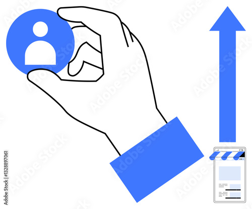 Hand holding a user icon symbolizes personalization or account creation, upward arrow signifies growth, improvement, or success online store indicates digital commerce. Ideal for teamwork, business
