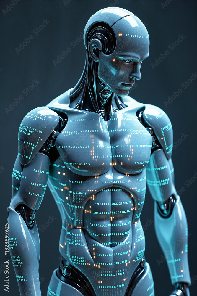 Fototapeta premium Robotic male torso covered in holographic programming codes - Generative AI 