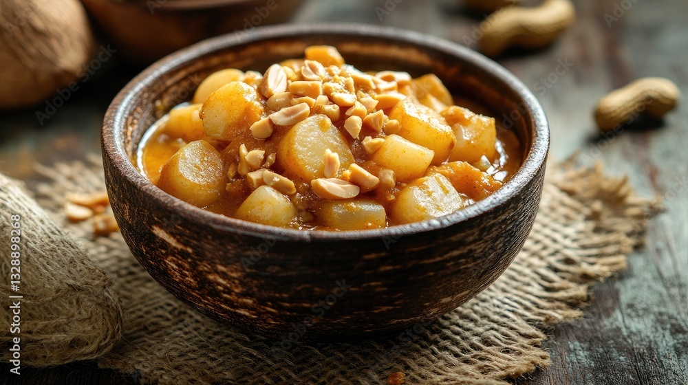Delicious Sweet Potato Dish with Peanuts in Rustic Wooden Bowl on Wood Table with Natural Textures Delicious Sweet Potato Dish with Peanuts in Rustic Wooden Bowl on Wood Table with Natural Textures