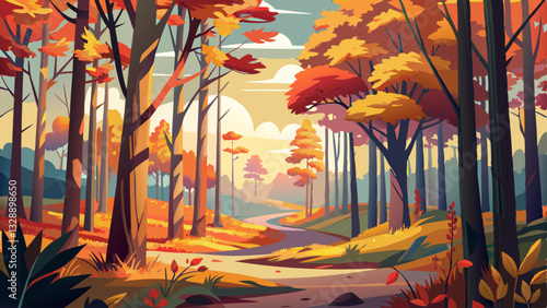 tranquil forest, the autumn breeze rustles through the colorful leaves, as the trees stand tall, painting the landscape with their natural, vibrant hues, creating a romantic and picturesque scene.