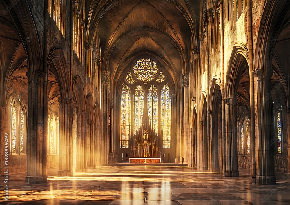 Fototapeta premium A beautiful fantasy interior of an empty throne room, with a marble floor featuring intricate patterns and silver trim 